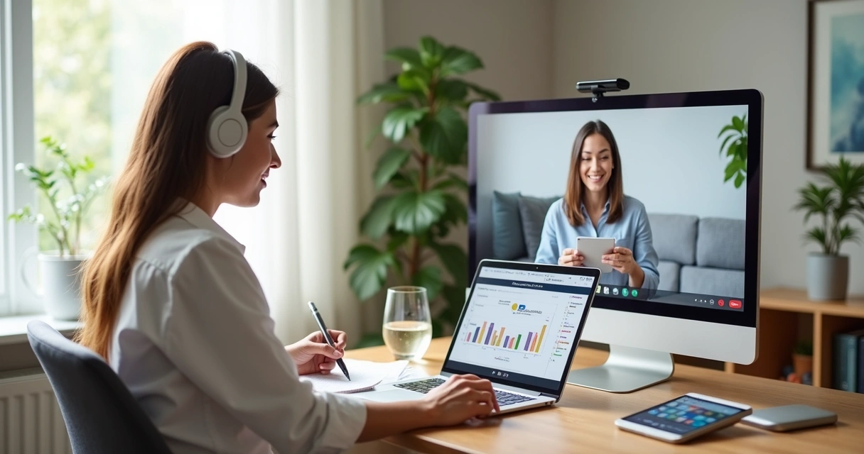 Nutricionista em consulta virtual de retorno com paciente em ambiente organizado.