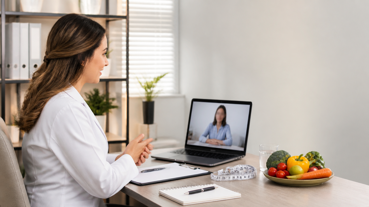 Nutricionista conduzindo consulta online em ambiente profissional com notebook e materiais de atendimento sobre a mesa