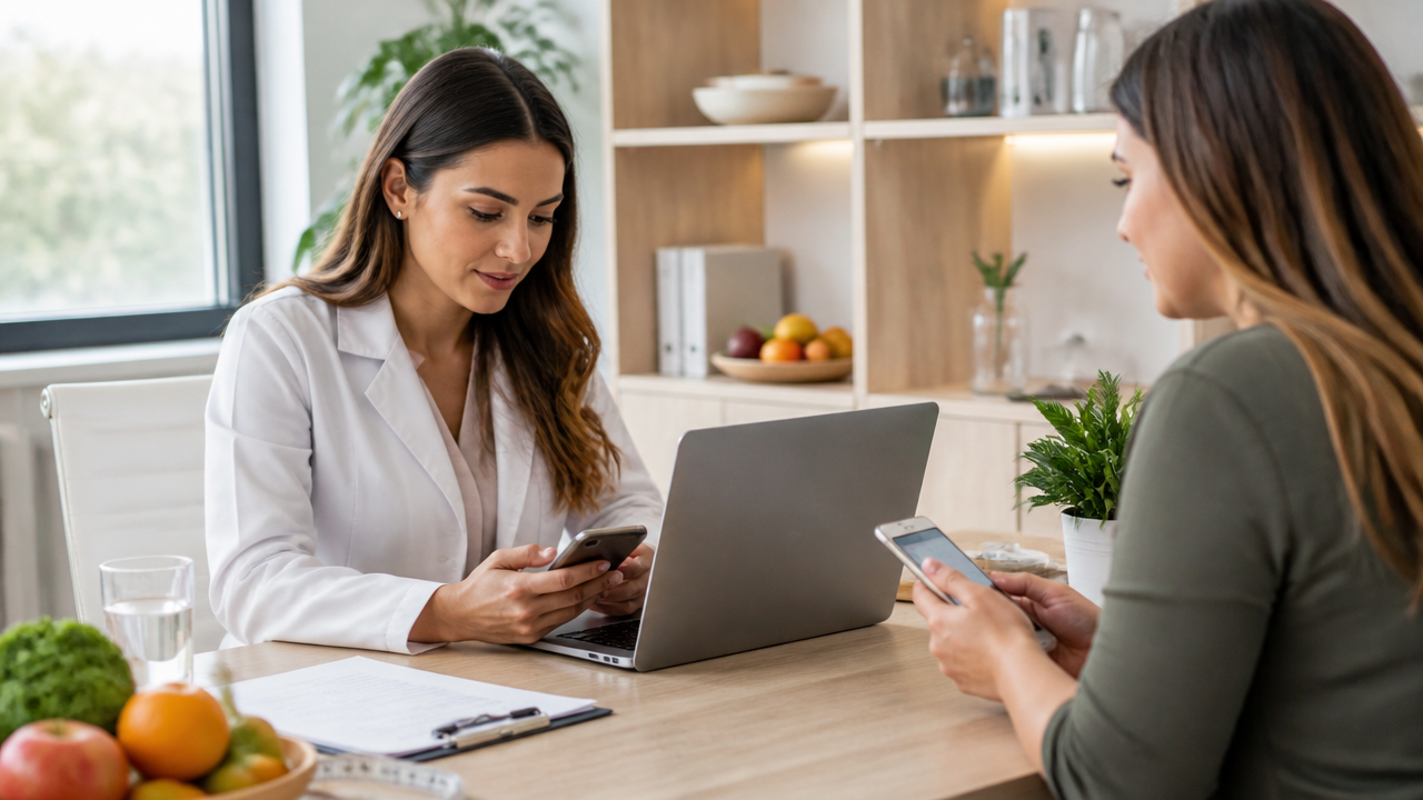Nutricionista e paciente usando celular e notebook para acompanhar o atendimento