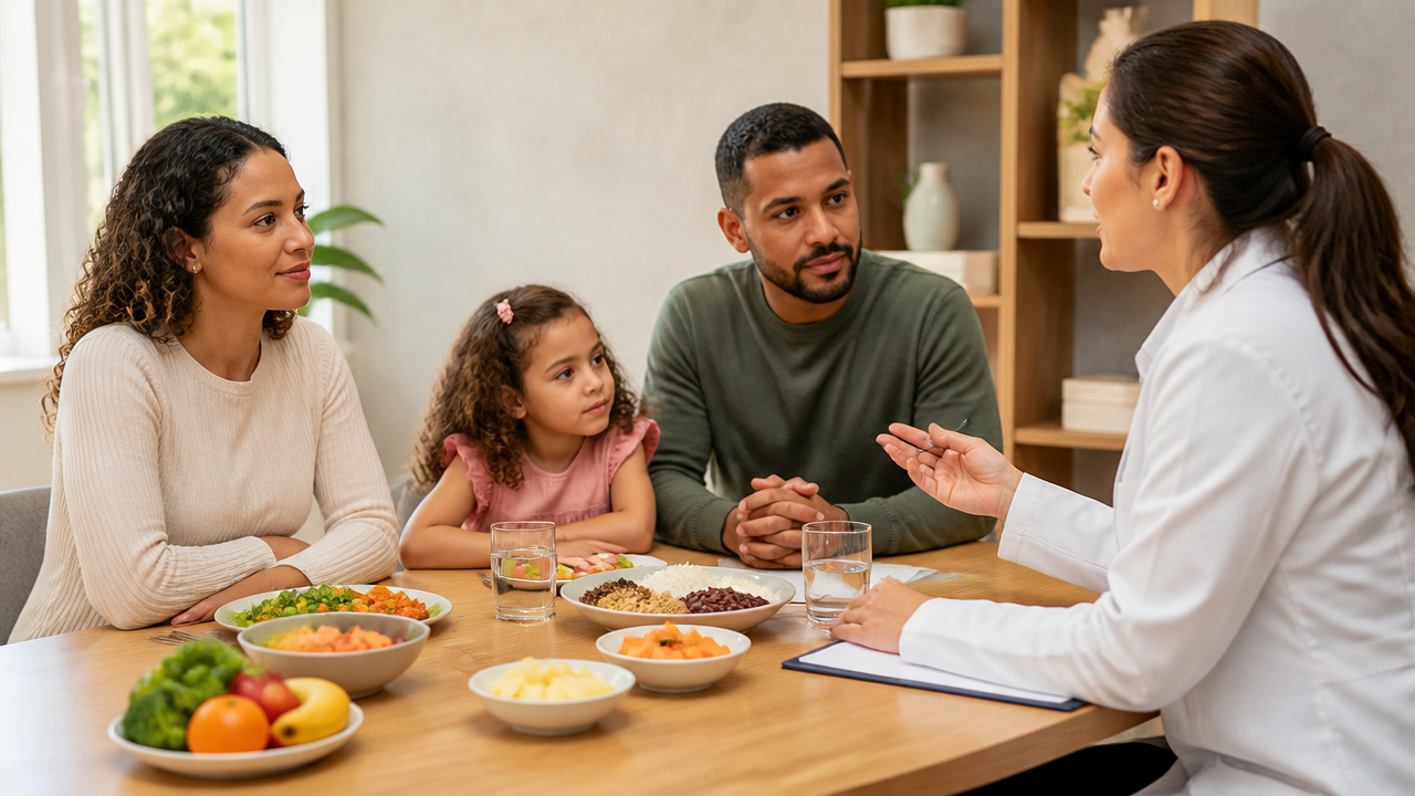 Nutricionista orientando uma família com criança pré-escolar sobre refeições saudáveis em consultório