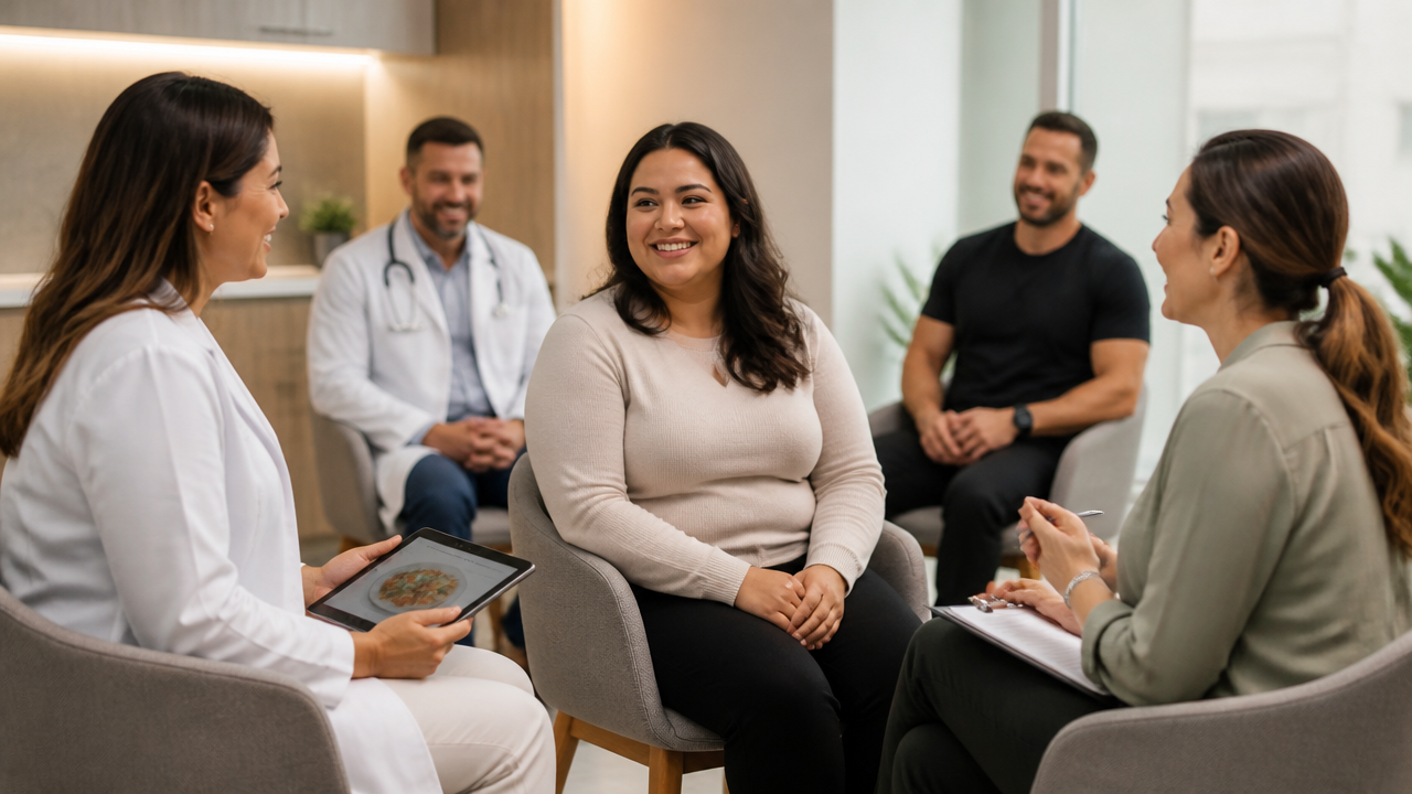 Paciente em consulta com equipe multiprofissional após cirurgia bariátrica em clínica moderna